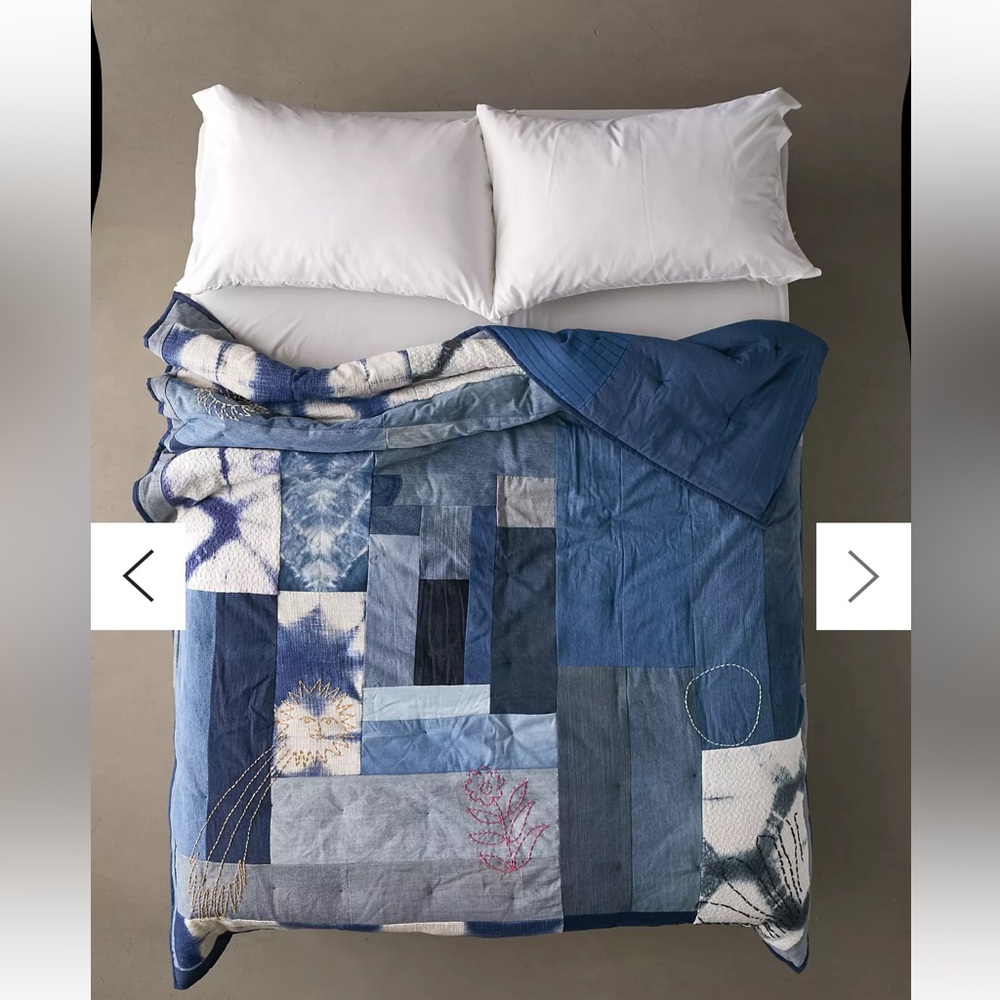 UO URBAN RENEWAL Blue Denim Embroidered Quilt Comforter Size TWIN 64x78 in